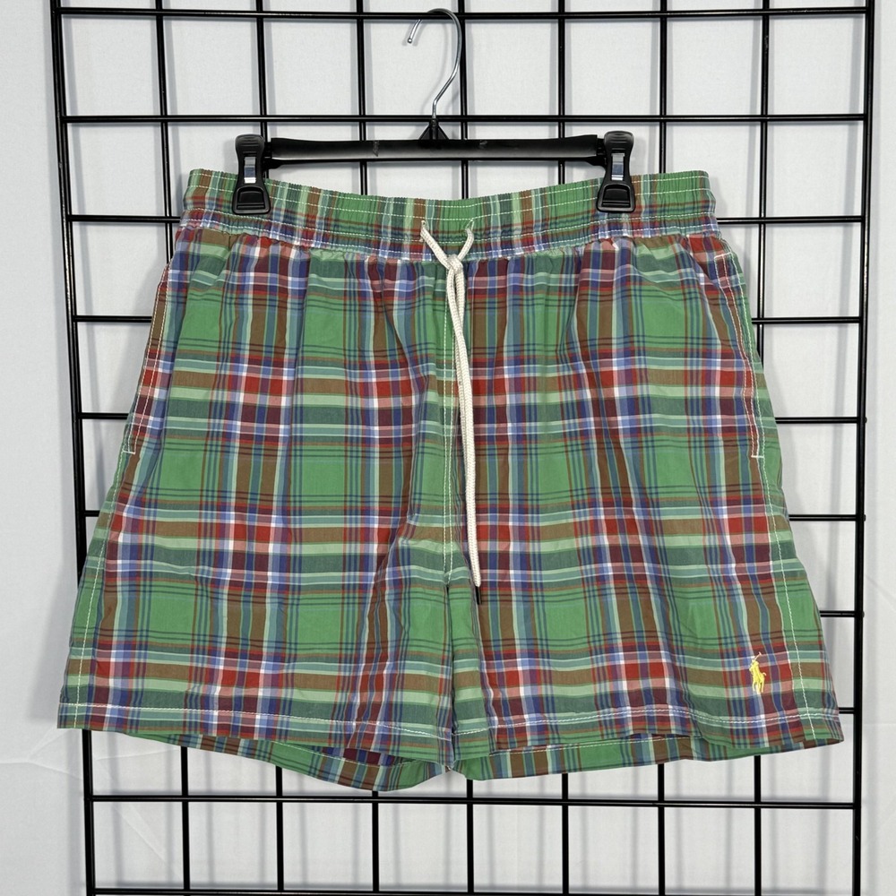 Vintage Polo by Ralph Lauren Plaid Swim Trunks Mens XL Green Lined Pony 90s Prep